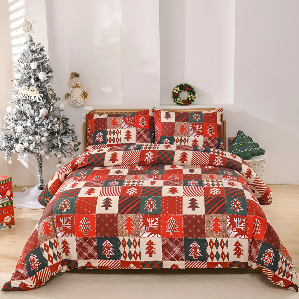 Red plaid Christmas bedding three-piece set with quilt cover and pillowcases on bed