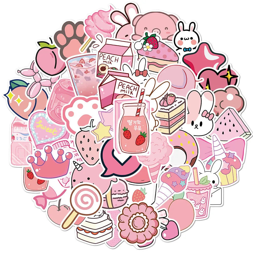 50 cartoon PVC waterproof stickers in assorted graffiti styles including astronaut, drink, and animal designs on a white background
