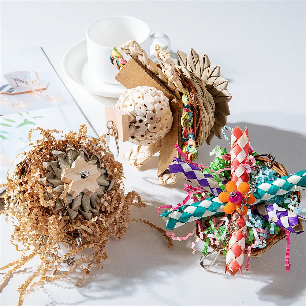 Parrot gnawing toy shown in three different size sets for bird beak conditioning