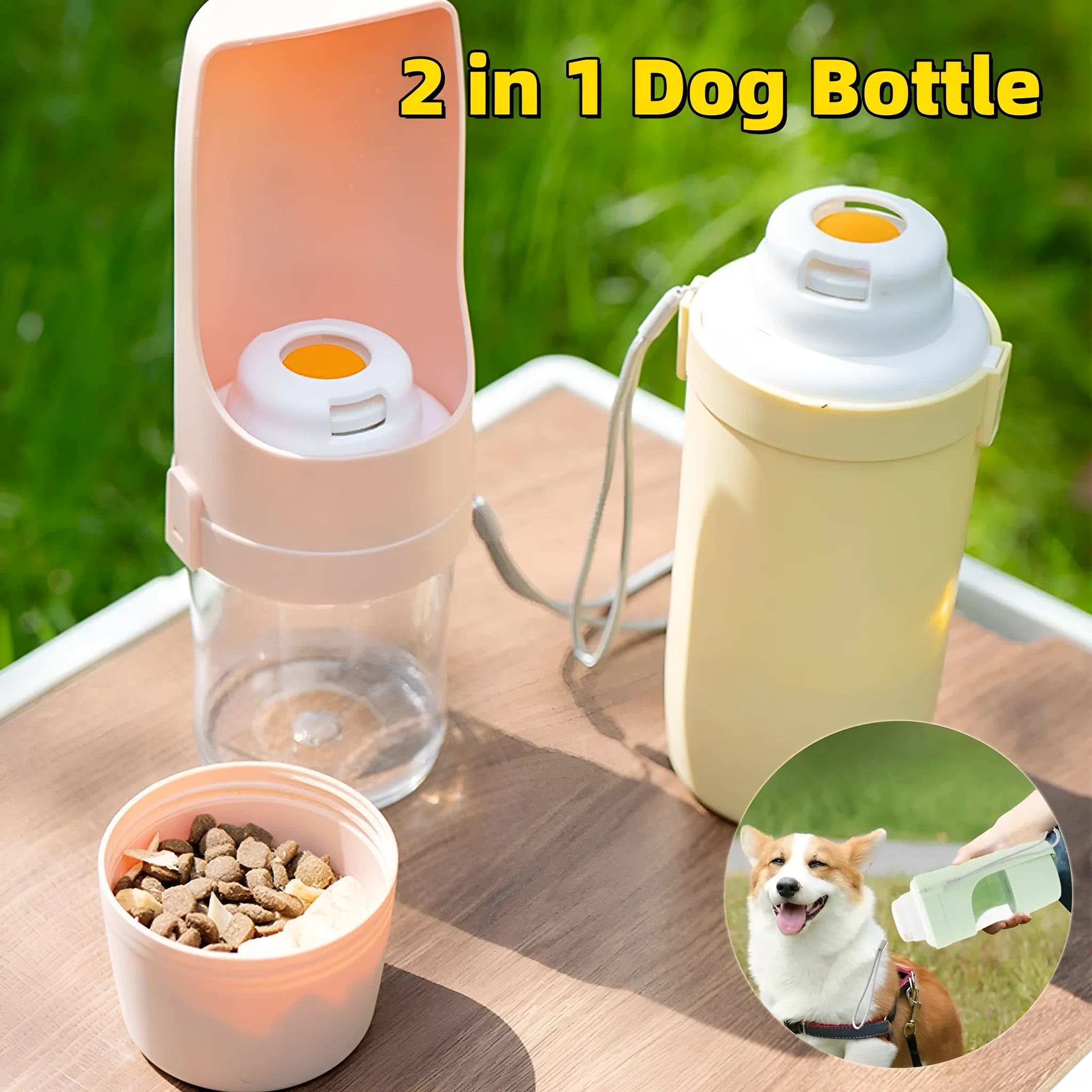 Green 2-in-1 travel dog water bottle with lanyard, showing water dispenser and food container compartments.