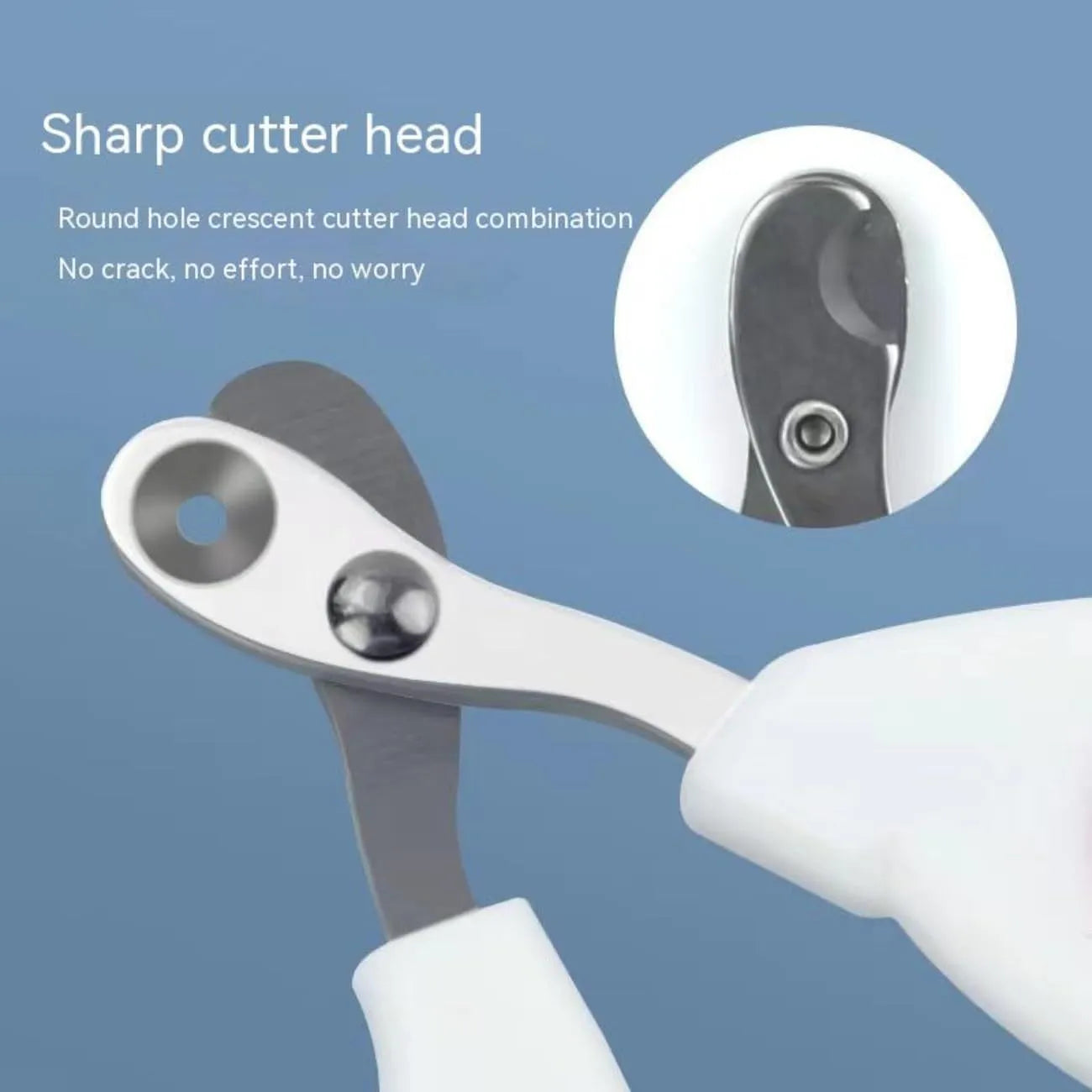 Blue pet nail clippers with a circular cutting hole and non-slip handle for trimming cat nails.