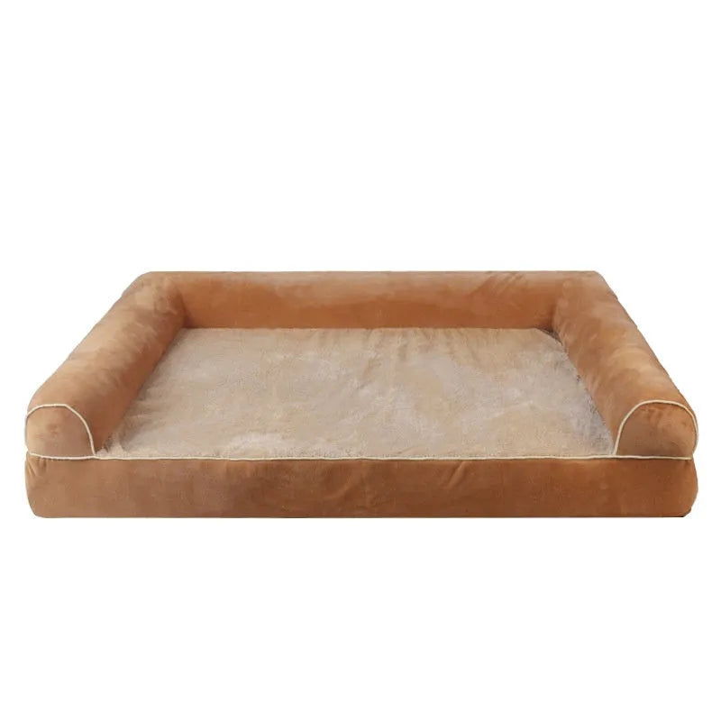 Square blue cloth dog bed with sponge filling, shown in a home setting.