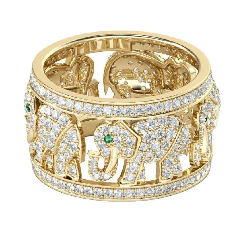 Alloy elephant ring with full diamond pave design shown in two colour options with size indicators