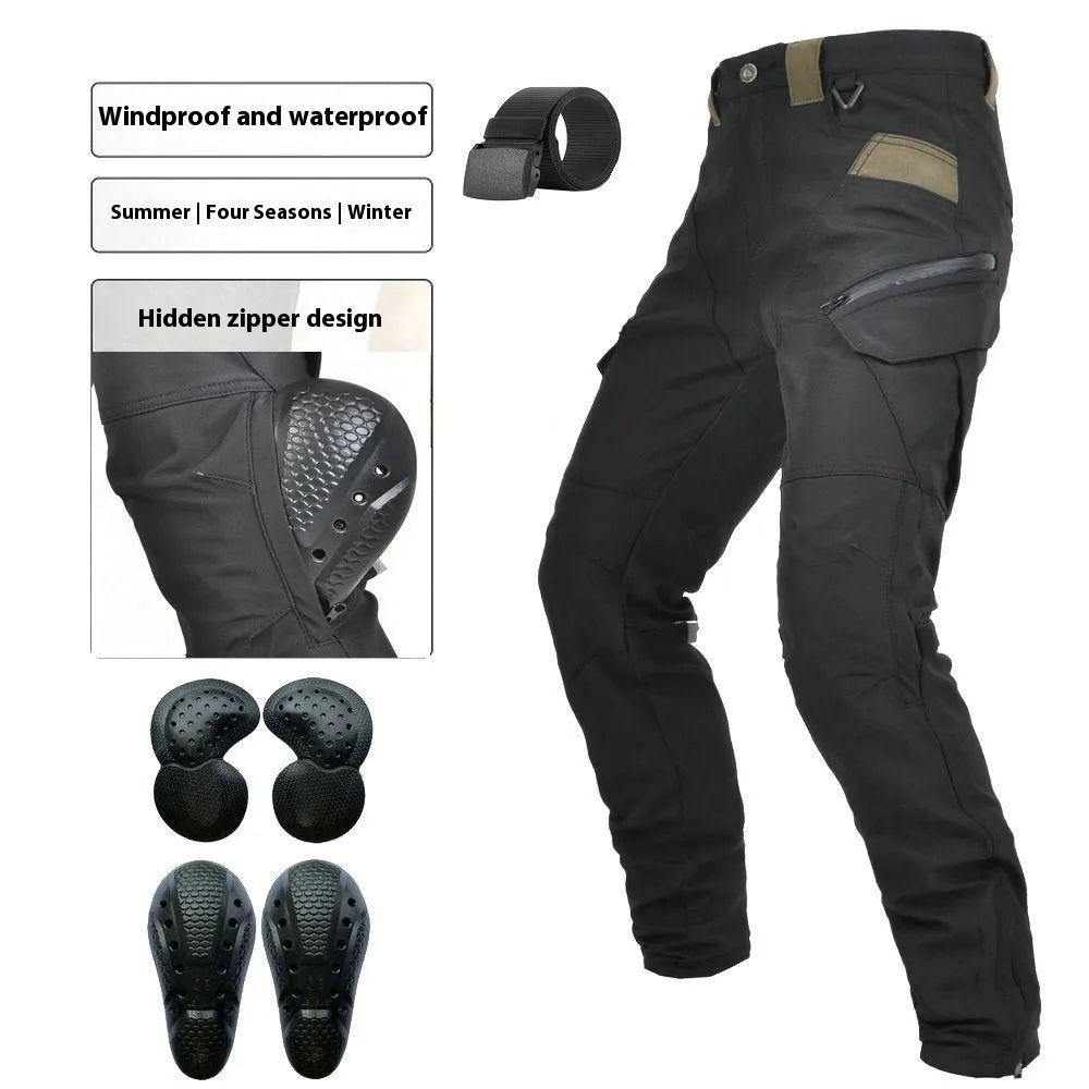 Men's green waterproof motorcycle trousers with belt and protective knee pads laid out flat.
