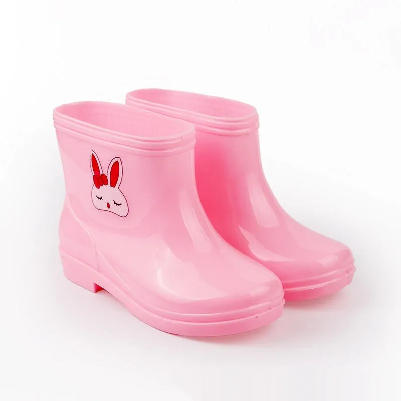 Children's non-slip plastic rain boots in solid colour with mid-calf height, available in multiple sizes