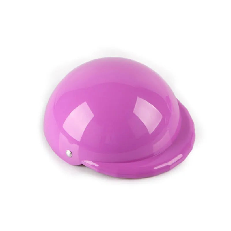 Plastic dog motorcycle helmet shown in multiple solid colours including pink, blue, and yellow, with size examples.