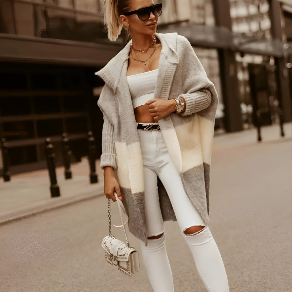 Colour matching hooded knit cardigan coat for women, long sleeve, thick cashmere blend, loose fit, pink and gray
