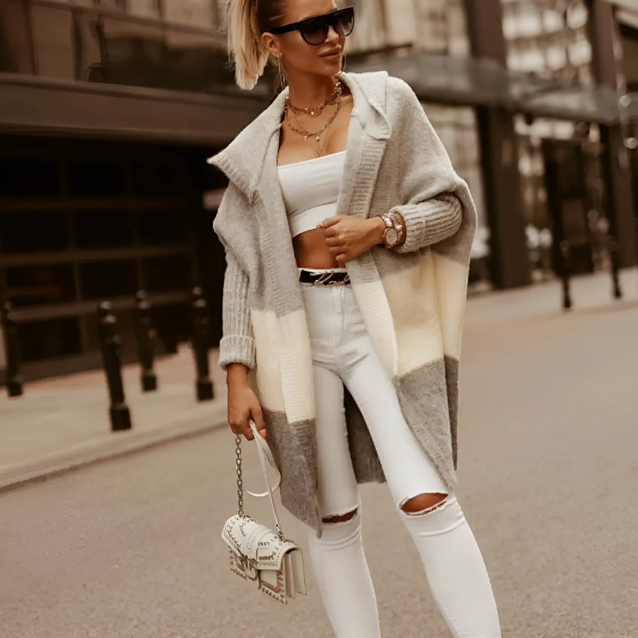Colour matching hooded knit cardigan coat for women, long sleeve, thick cashmere blend, loose fit, pink and gray