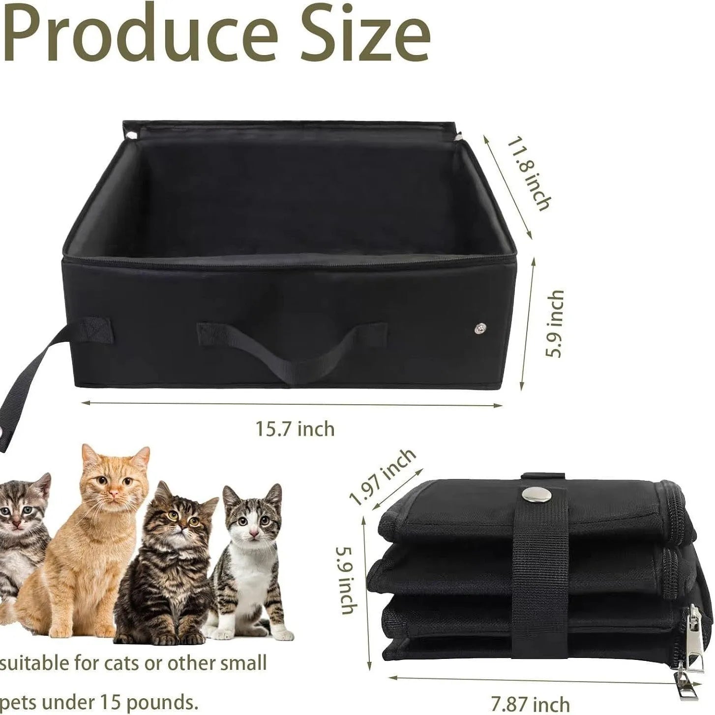 Black 600D Oxford cloth folding cat litter box open on floor showing 40x30x15cm size