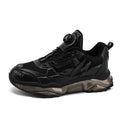 Men's black rotating button dad shoes with mesh upper and platform sole on a white background