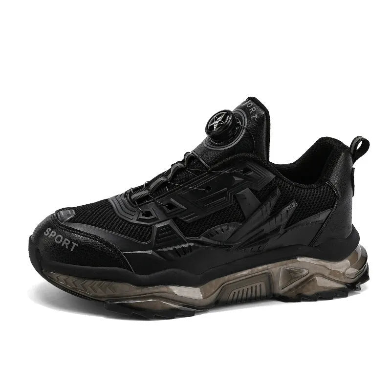 Men's black rotating button dad shoes with mesh upper and platform sole on a white background