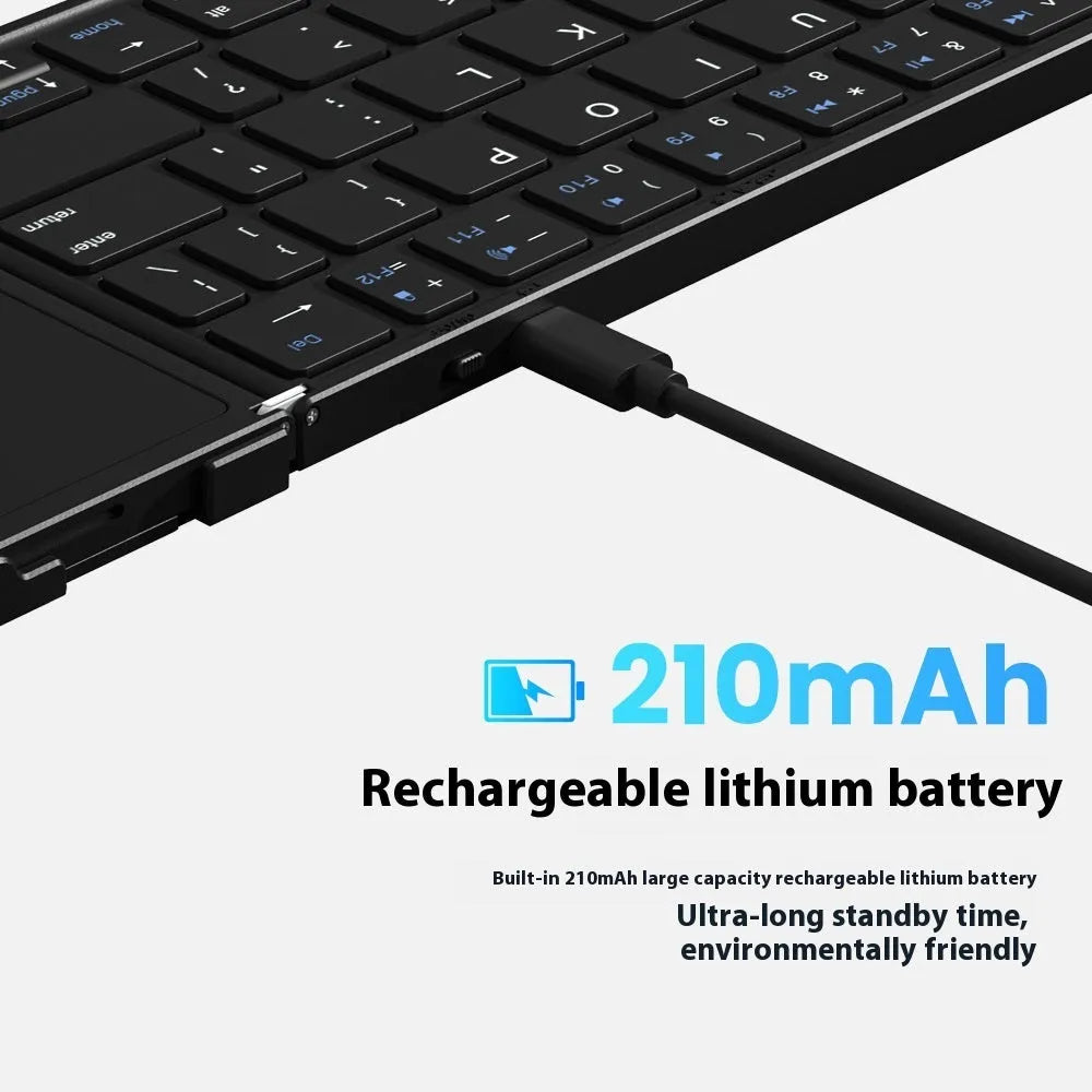 Black folding Bluetooth keyboard for mobile phones and tablets showing touchpad version