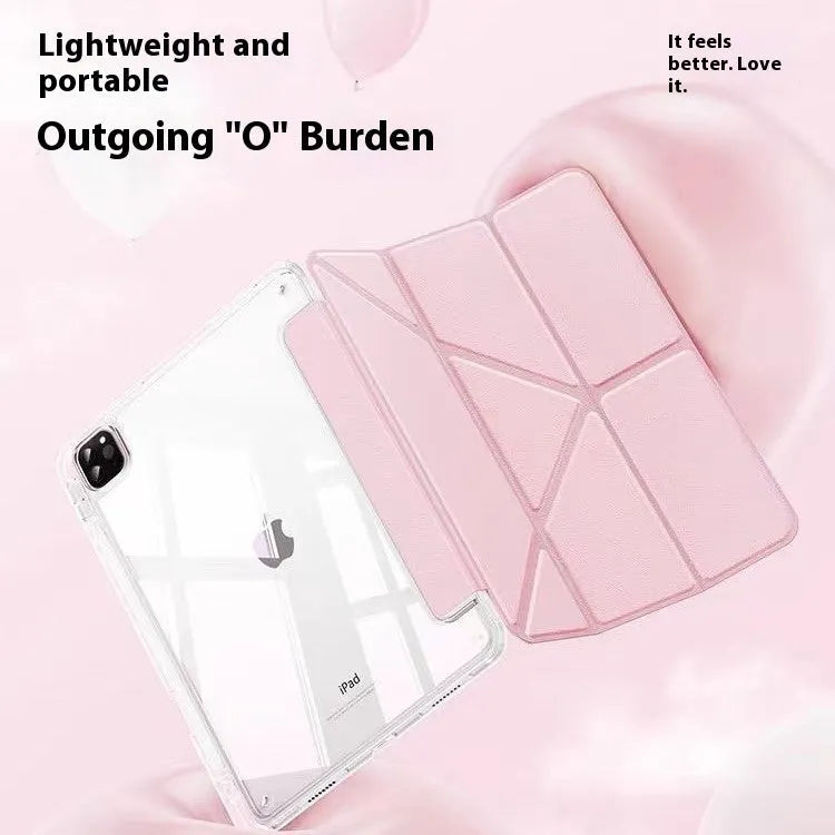 Transparent acrylic iPad case with a folding magnetic stand, shown in multiple colour options.