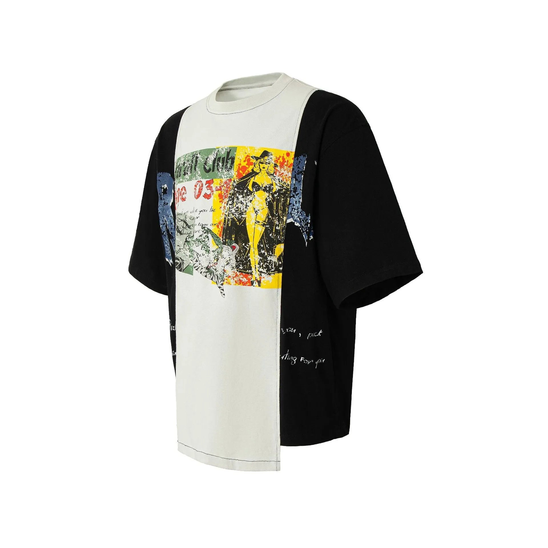 Black and white broken collage printed cotton blend t-shirt with loose streetwear fit and short sleeves