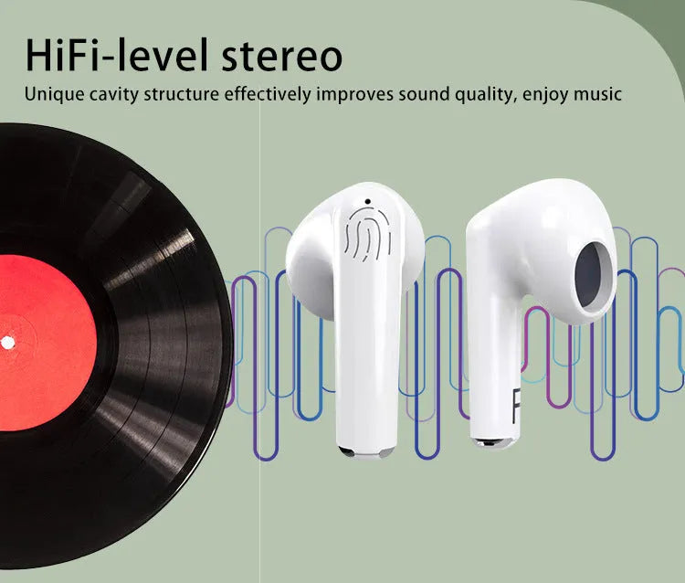 White wireless Bluetooth earphones with semi-in-ear design and a matching charging case.