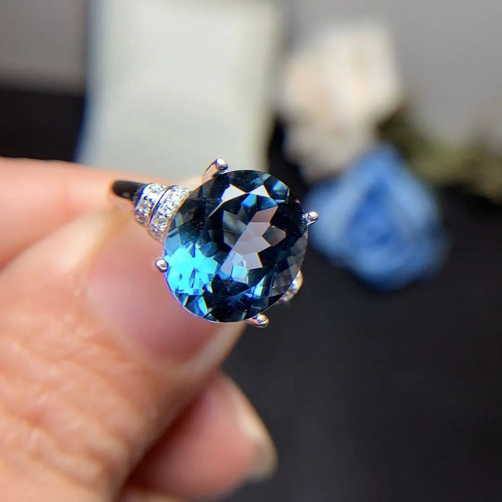 London Blue Topaz ring in deep dark blue crown cut on 925 silver with white gold plating adjustable opening