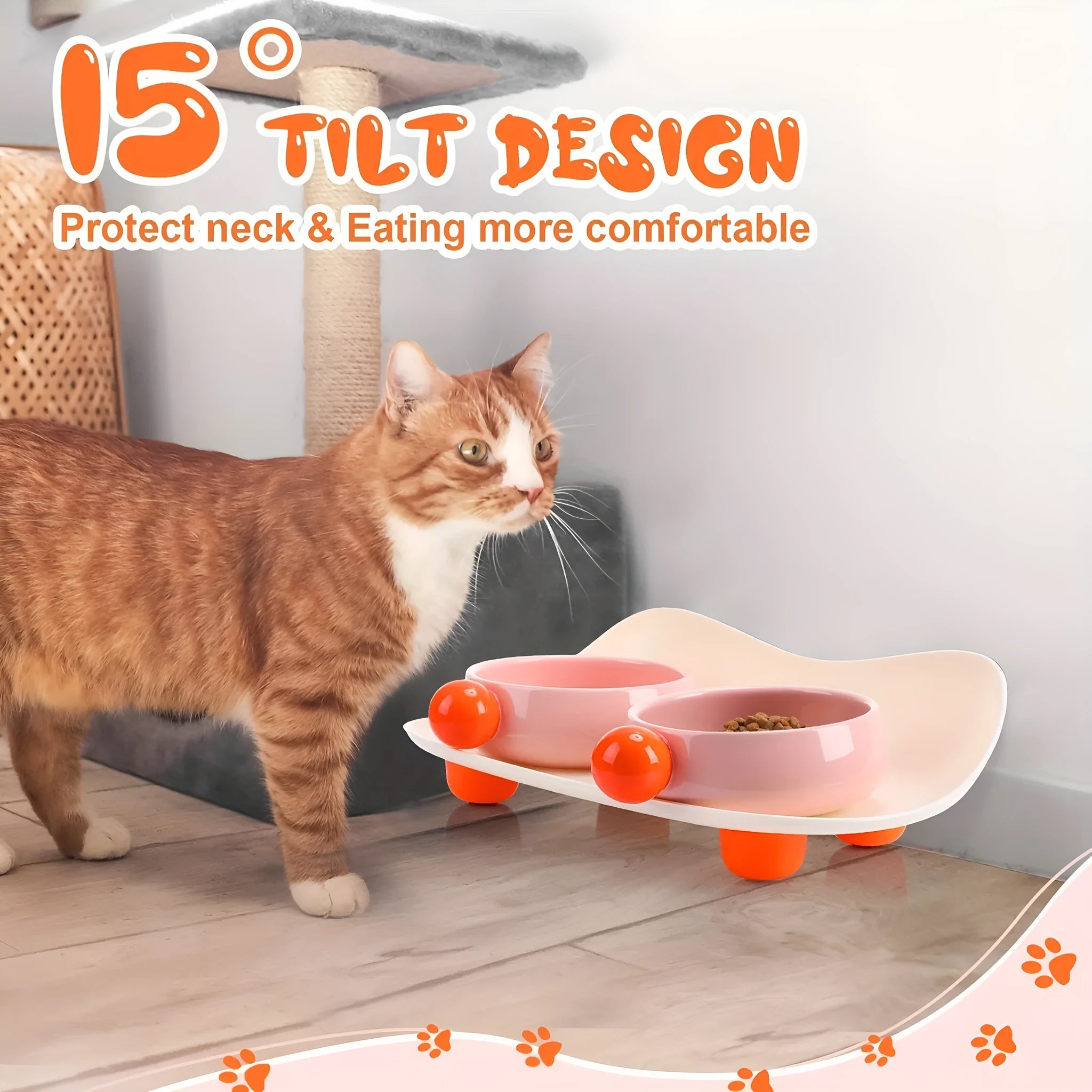 Pink and yellow elevated ceramic pet bowl set for food and water on a non-slip base.