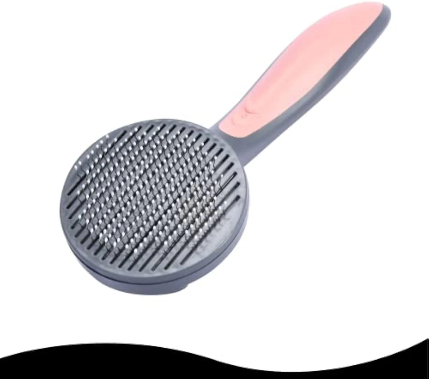 Self-cleaning slicker brush for pets with a grey handle and fine metal bristles.