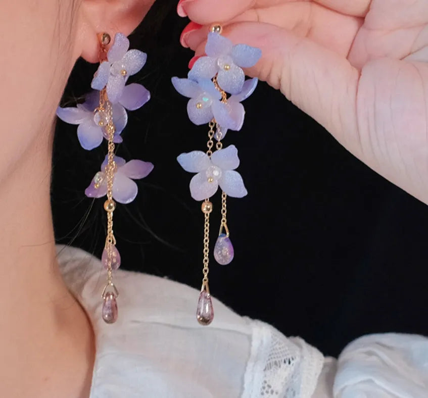 Handmade cold blue purple flower long tassel water drop earrings, gold-plated inlay with artificial gem and semi-precious stone, auricular needle or ear clip style