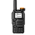 Black 5W multi-band walkie-talkie with lithium battery and antenna on plain background