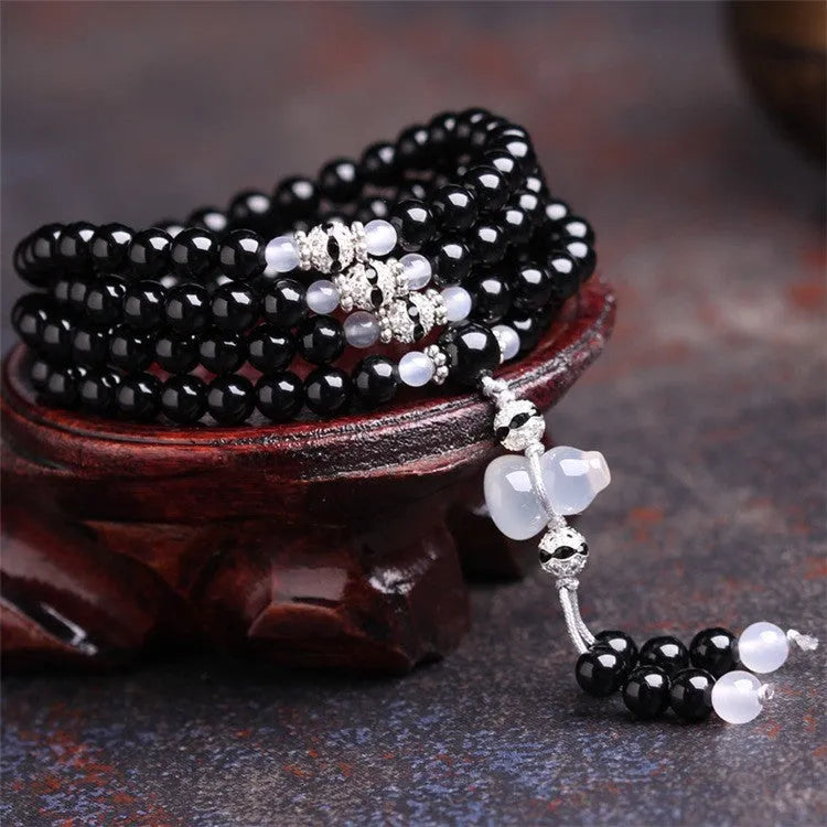 Natural black agate 108 beads bracelet geometric shape unisex fashion OL accessory