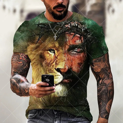 Front view of a men's grey t-shirt with a 3D printed Jesus pattern on the chest.