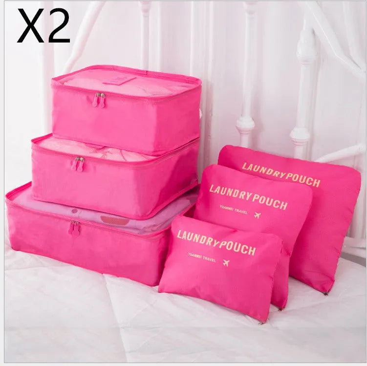 6 piece polyester travel storage bag set in hand bag type shape for clothes and cosmetic organisation, various colour options