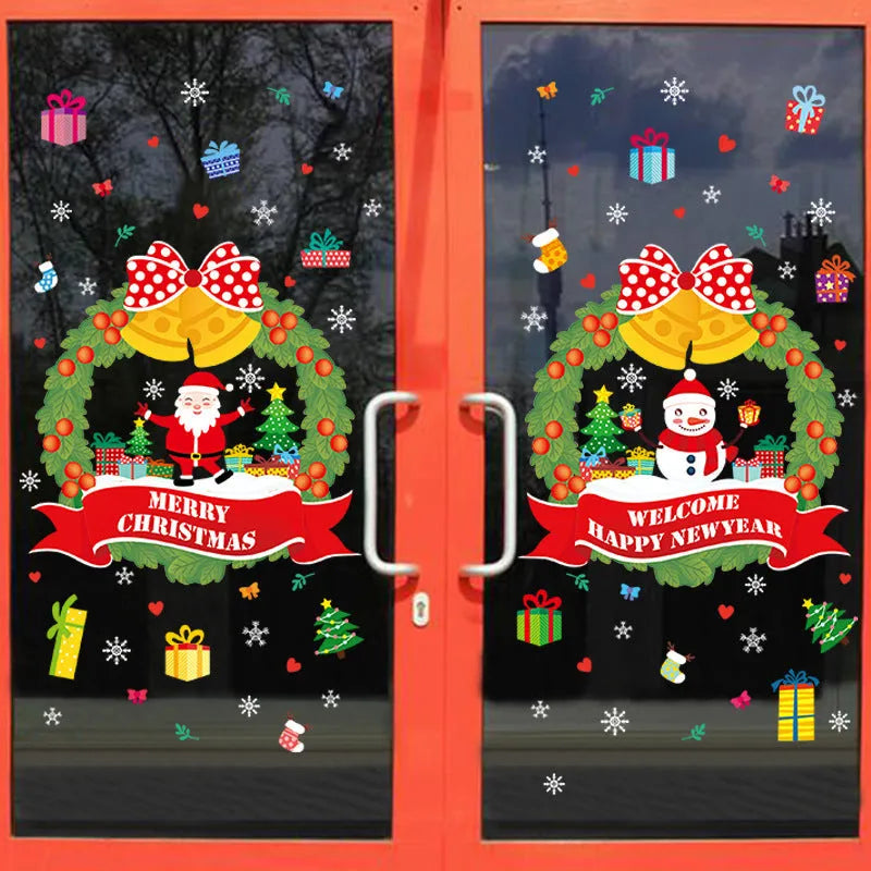 Two large colourful Christmas wall stickers with cartoon patterns measuring 60x45cm each for electrostatic window application