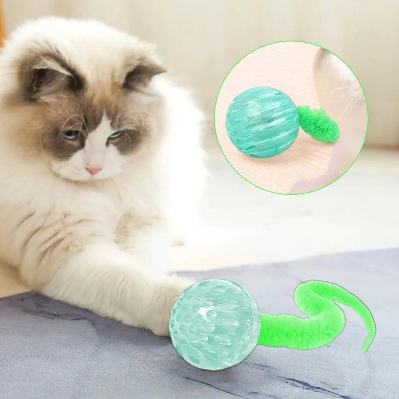 Interactive cat ball toy with bouncy ball and worm-like tail for indoor cats
