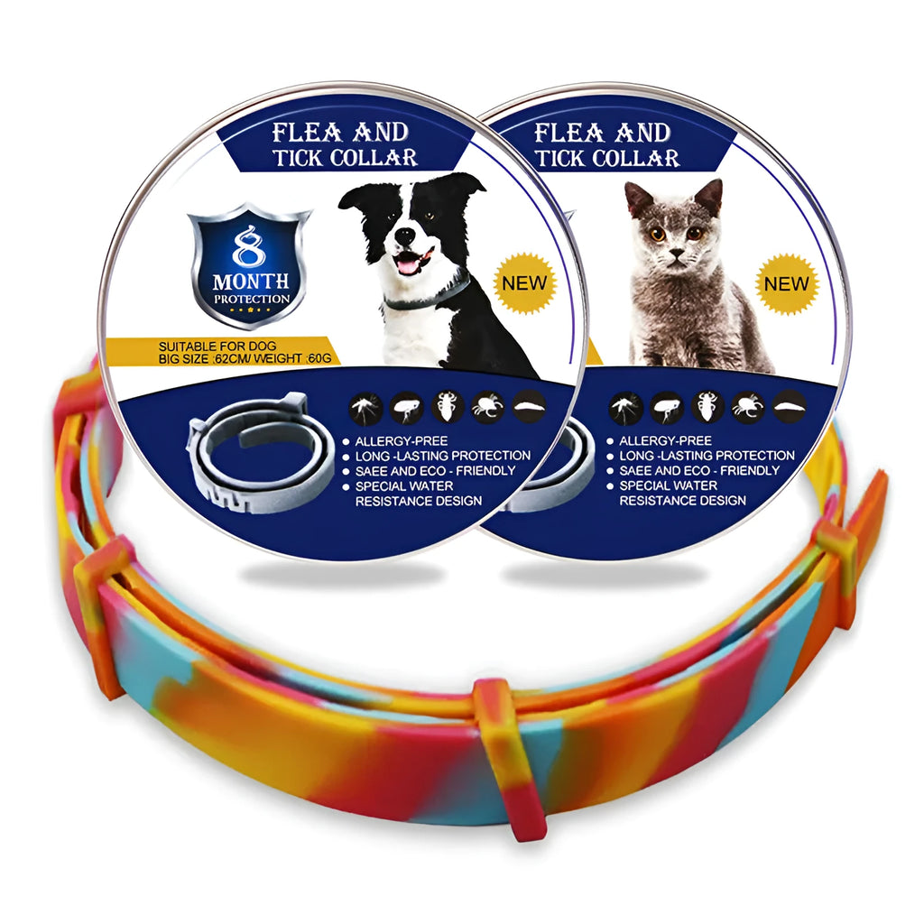 Rainbow colour plastic flea collar for cats and dogs in 38cm and 62cm sizes