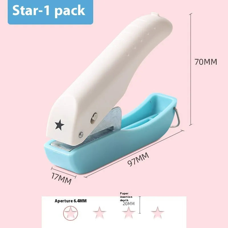 Small manual embossing punch tool showing Love, Star, and round hole shapes for paper crafts
