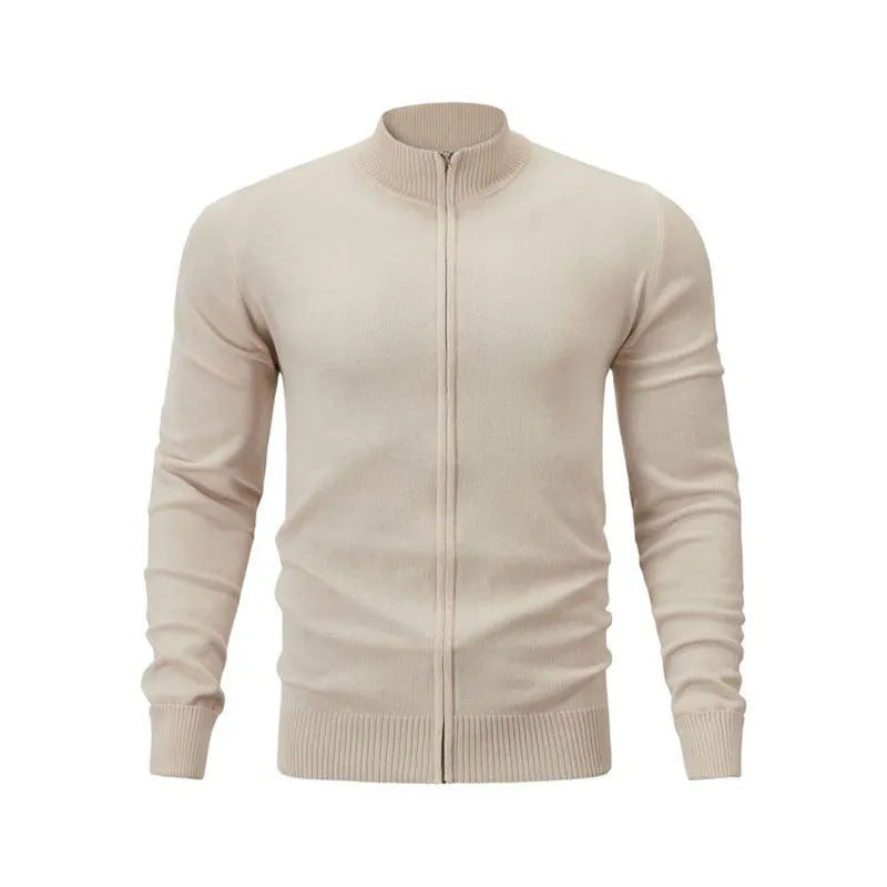 Casual stand collar zip-up sports sweater in a solid colour, shown on a model.