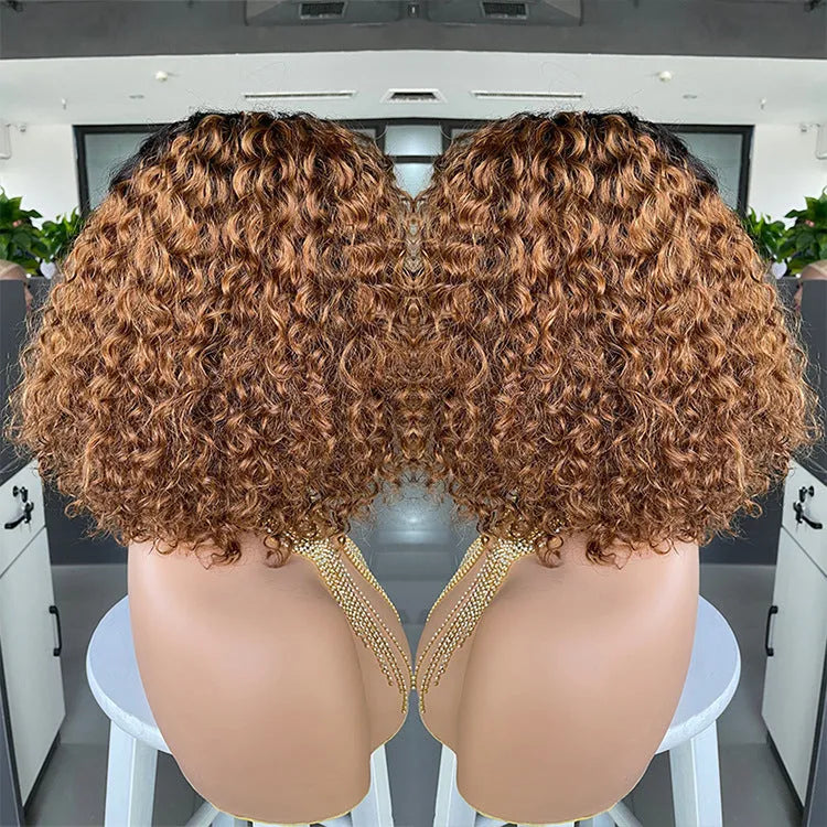 Ombre curly Bobo 1B30 human hair lace wig in black colour with oblique bangs