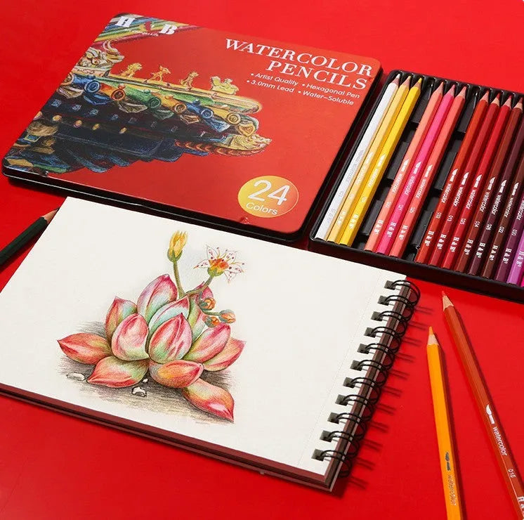 Water-soluble coloured pencil set with 24 colours and a brush in a black iron box.