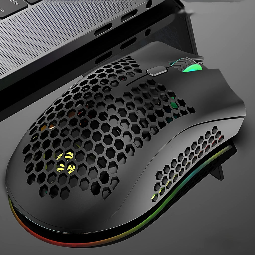 Hollow-out luminous wireless gaming mouse in cyan, black, or white colours with USB receiver