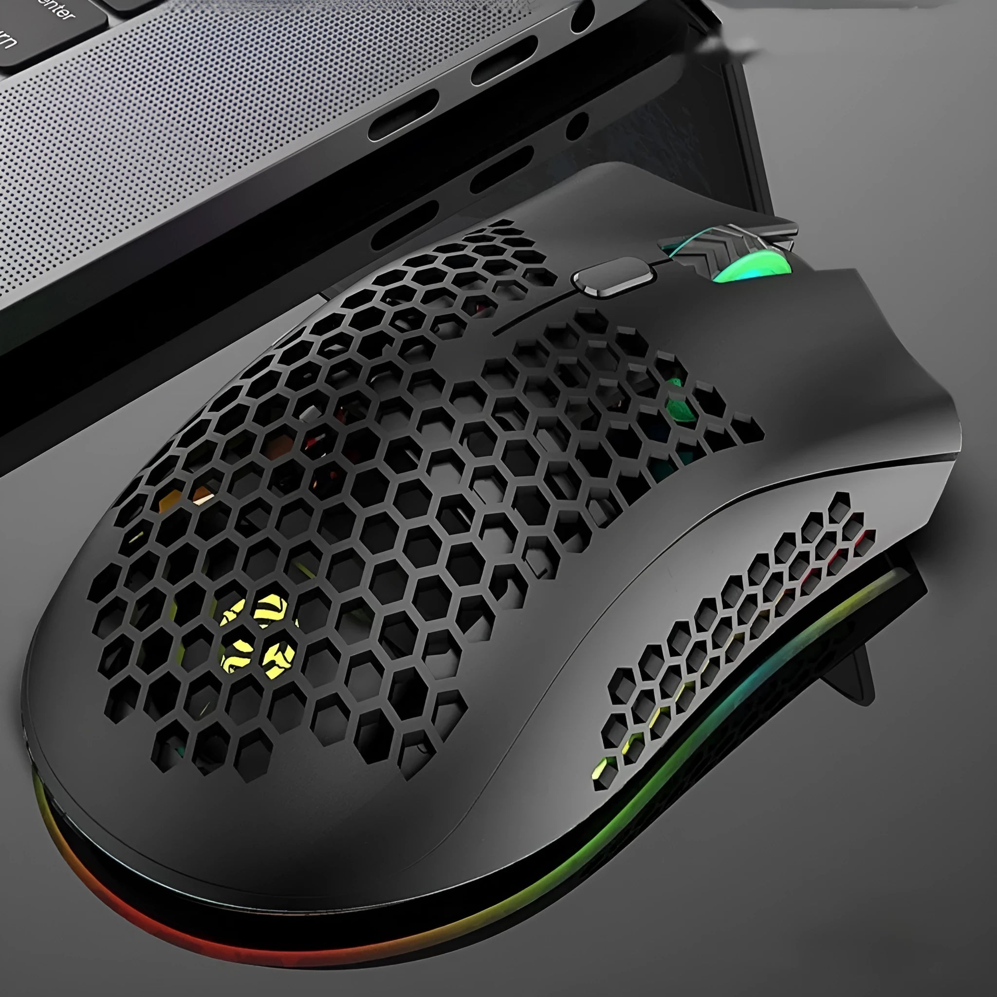 Hollow-out luminous wireless gaming mouse in cyan, black, or white colours with USB receiver