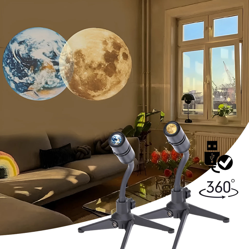 Star projector night light showing earth projection, with flexible hose bracket and USB cable.