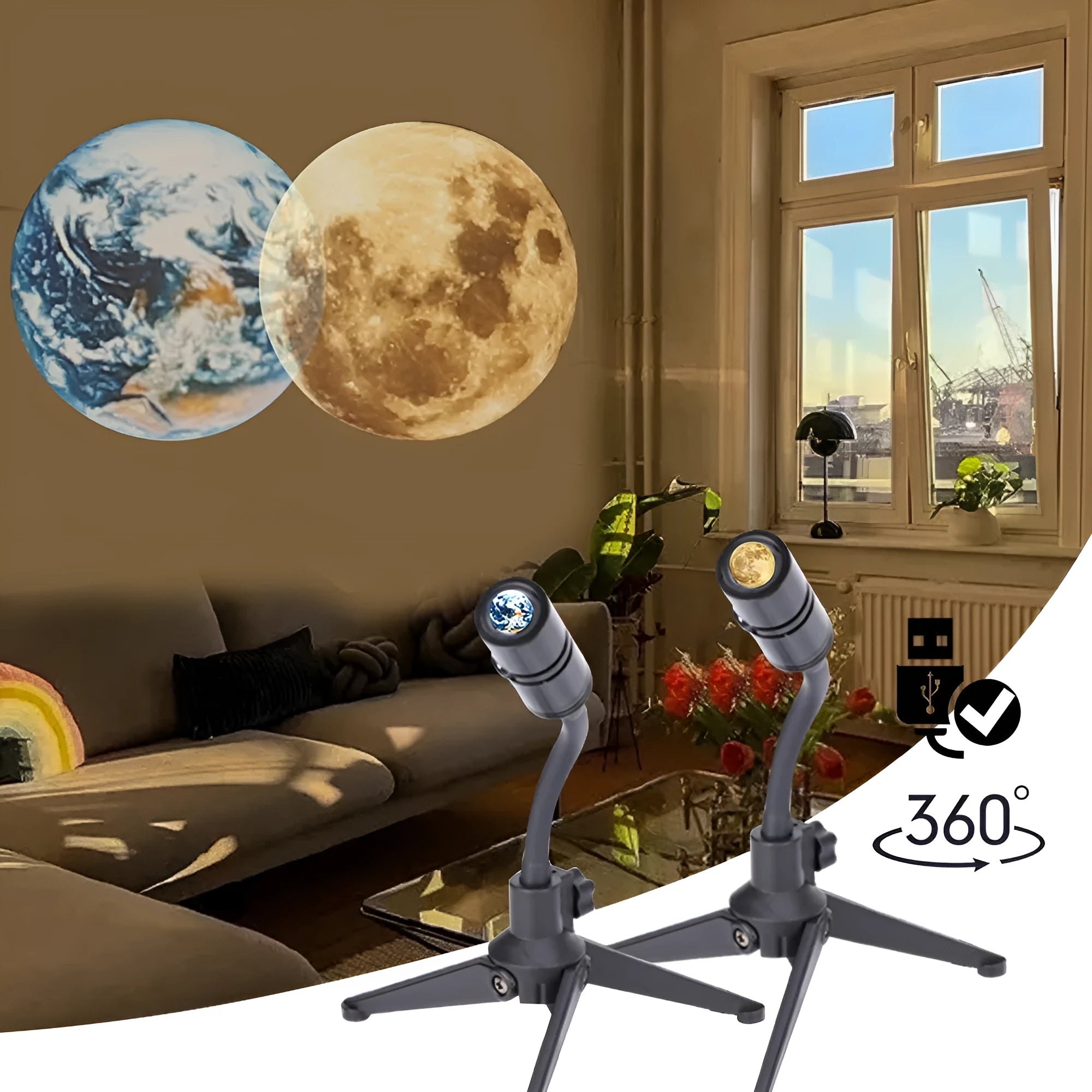 Star projector night light showing earth projection, with flexible hose bracket and USB cable.