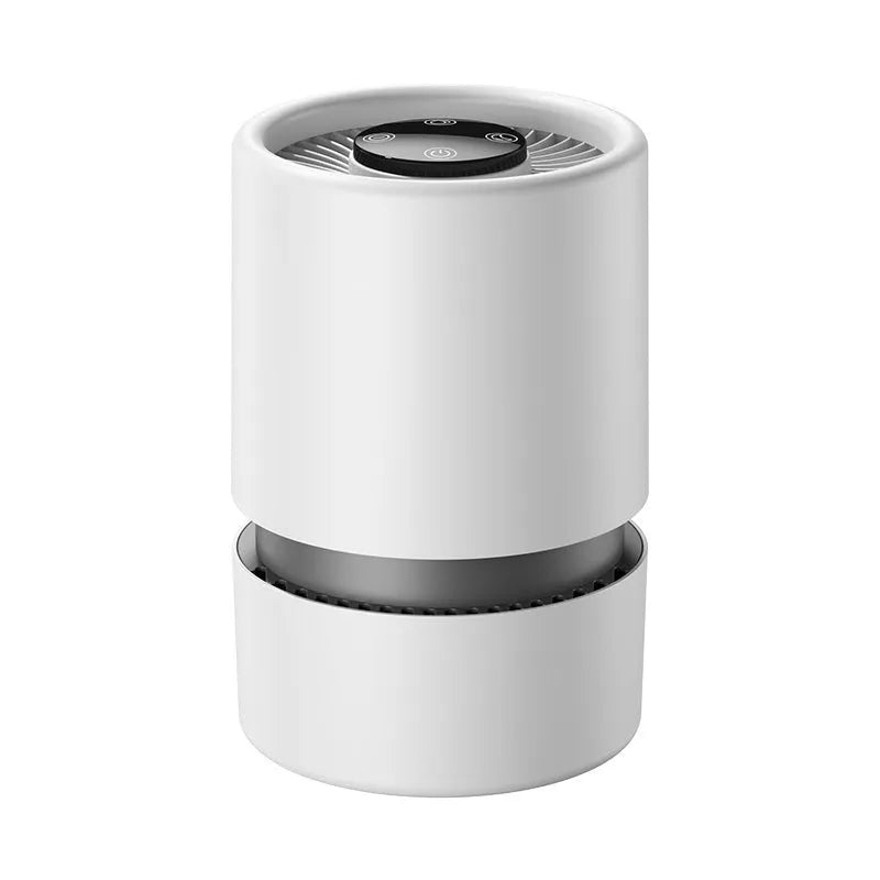 White simple style desktop air purifier with USB cable for small rooms.