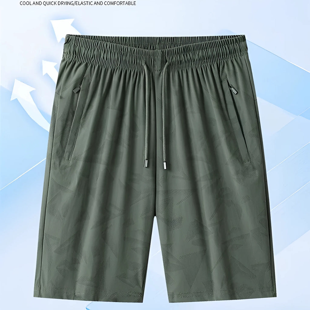 Men's camouflage pattern nylon exercise shorts with knee-length cut and elastic waistband