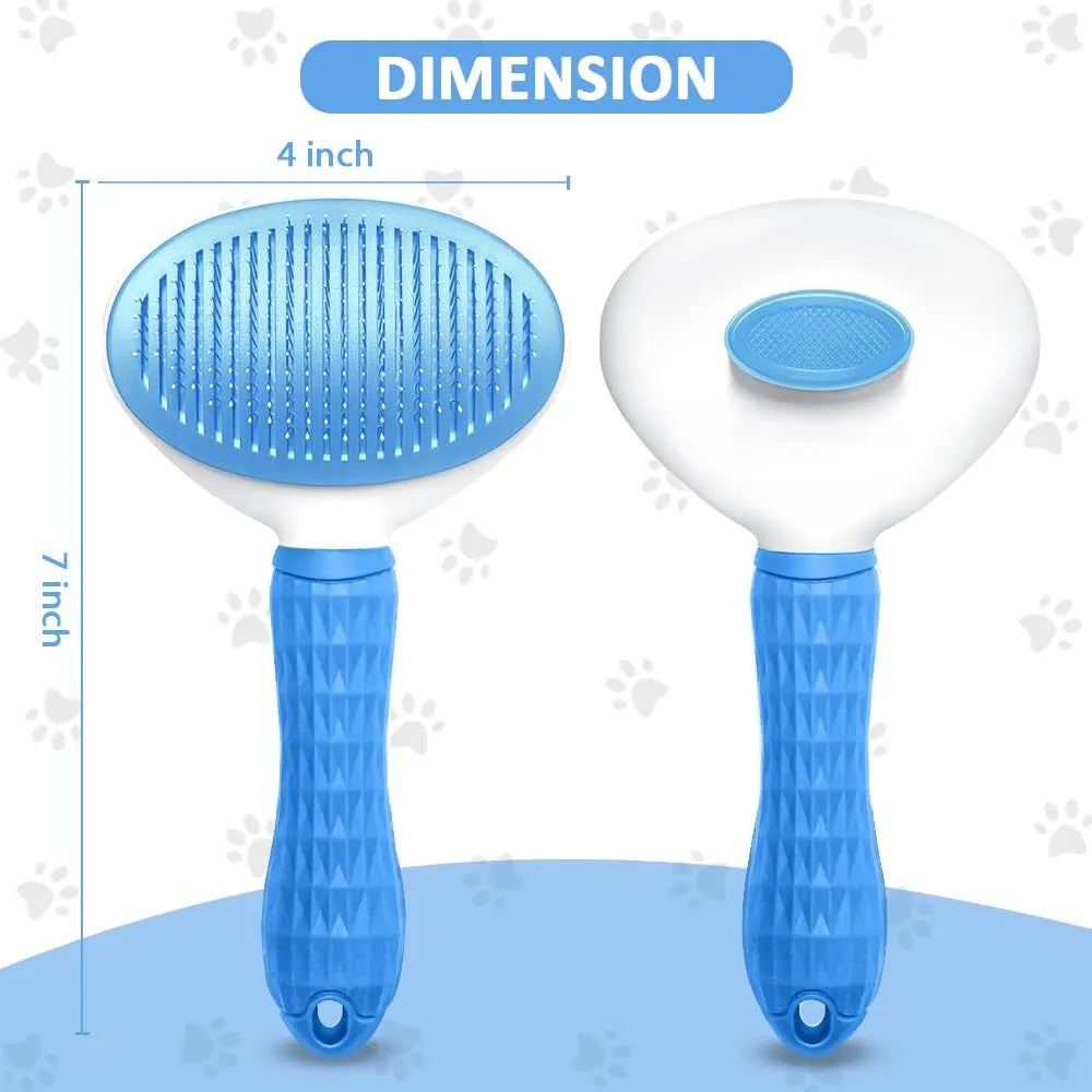 Blue cat grooming brush with release button for removing loose fur and tangles.