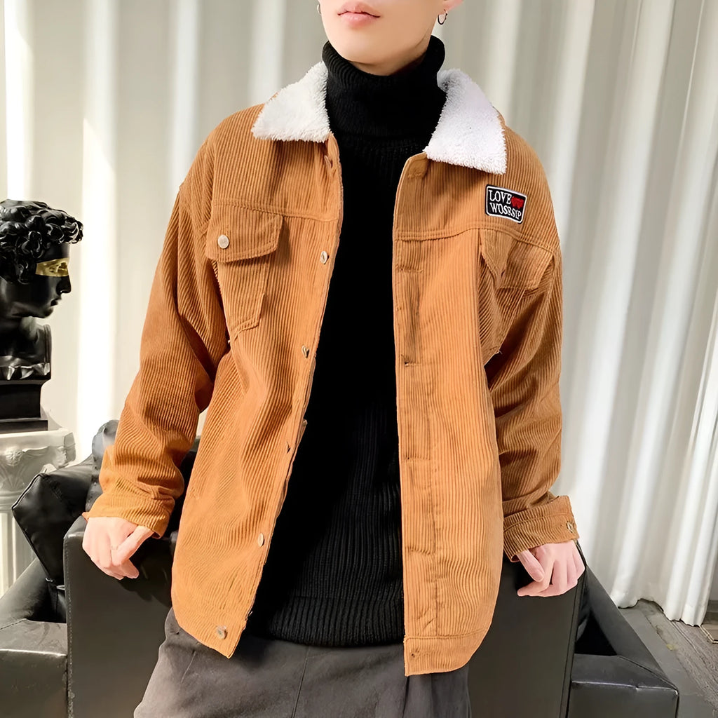 Man wearing a loose-fit khaki corduroy work jacket with side pockets.
