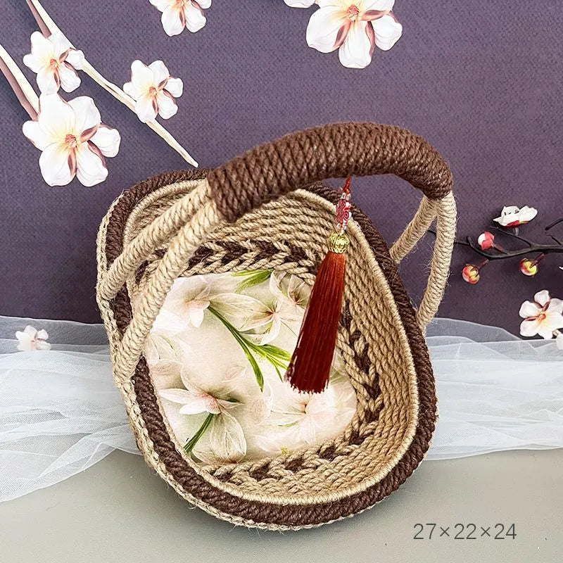 Coffee brown hand-woven straw basket with hemp rope, 19cm by 12cm, rustic retro style.