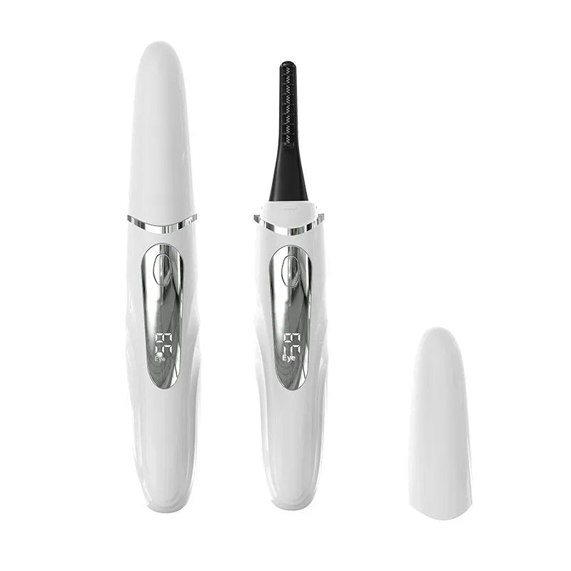 Intelligent digital display electric eyelash curler in black with tooth-comb style head, USB rechargeable
