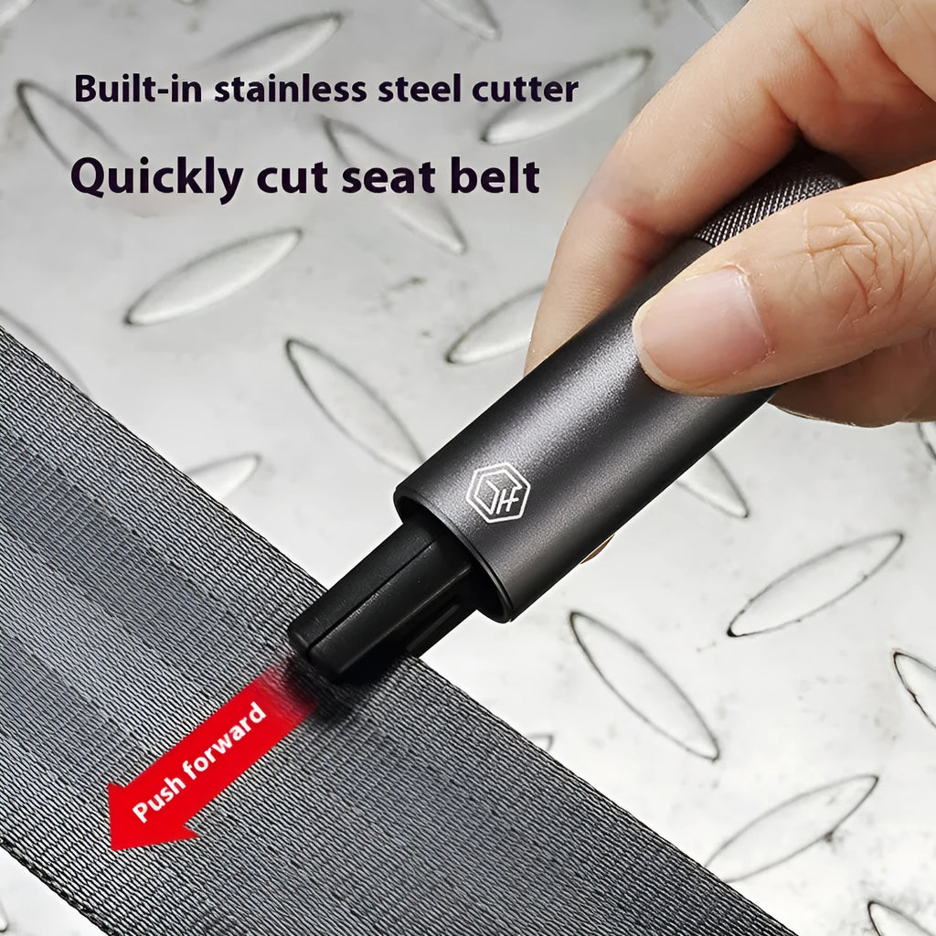 Gun grey aluminium alloy car safety hammer with window breaker and seatbelt cutter showing 87mm length
