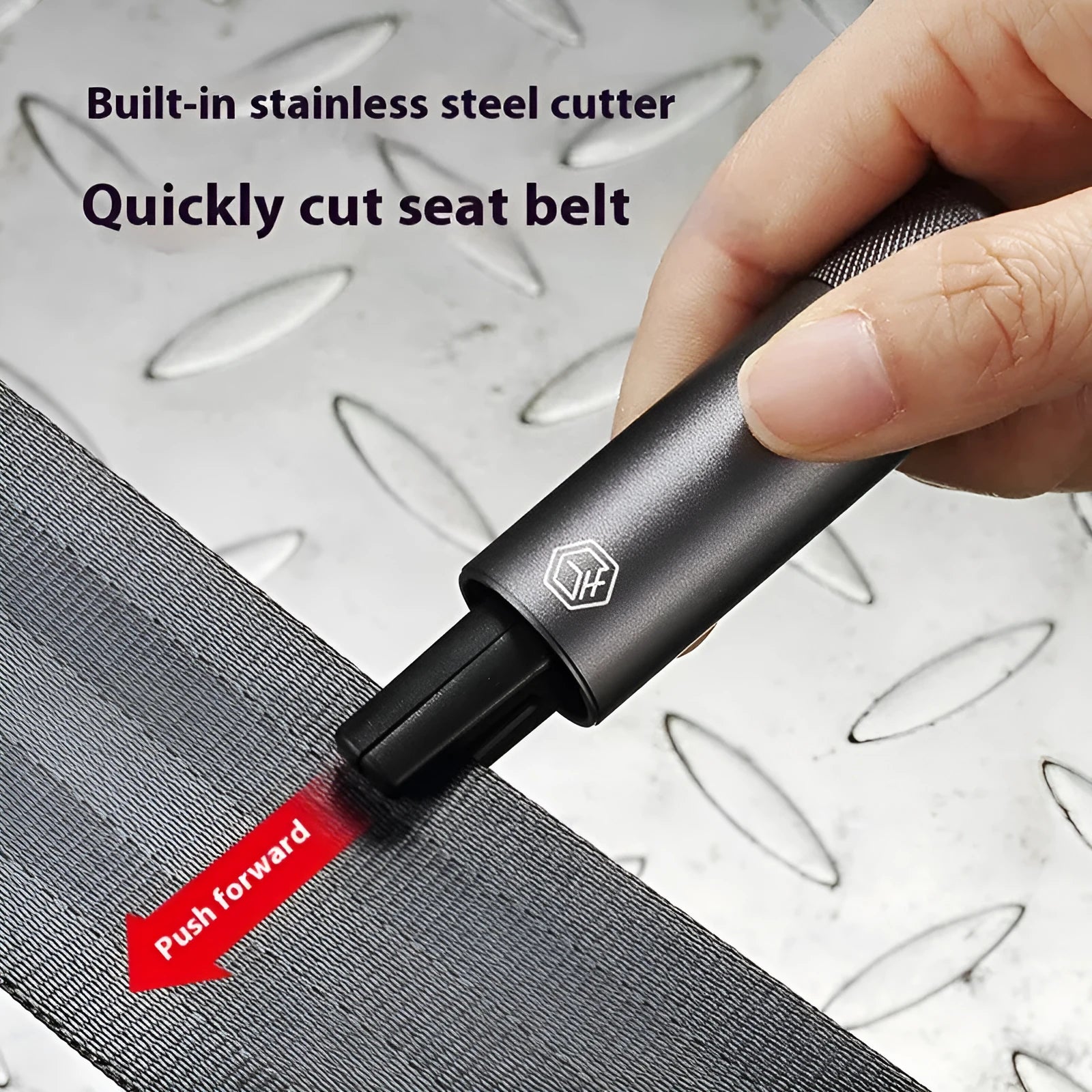 Gun grey aluminium alloy car safety hammer with window breaker and seatbelt cutter showing 87mm length