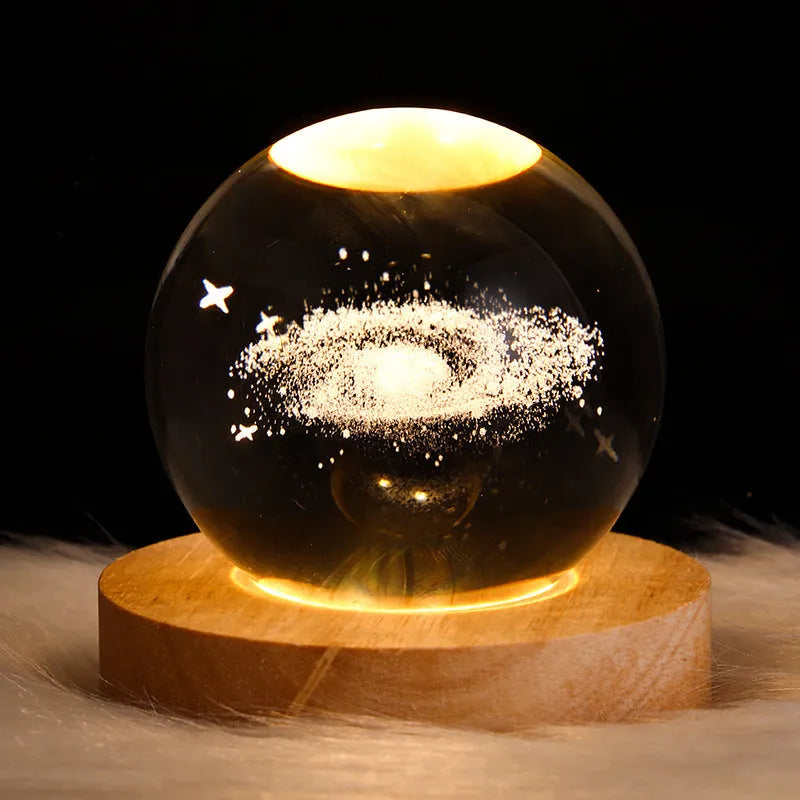 3D crystal ball night lamp with starry sky planets and moon projection on wooden base