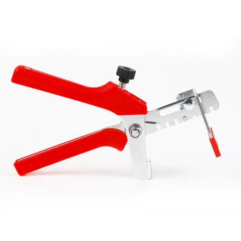 Red tile leveler aid with PVC handle and stainless steel clip measuring 23 by 11.5 centimetres
