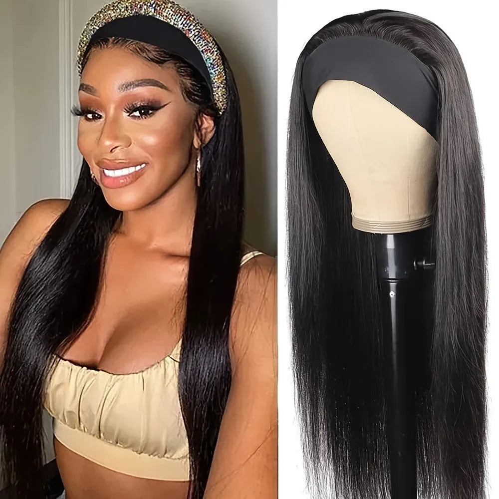 Headband wig with long straight black hair and high temperature fibre material