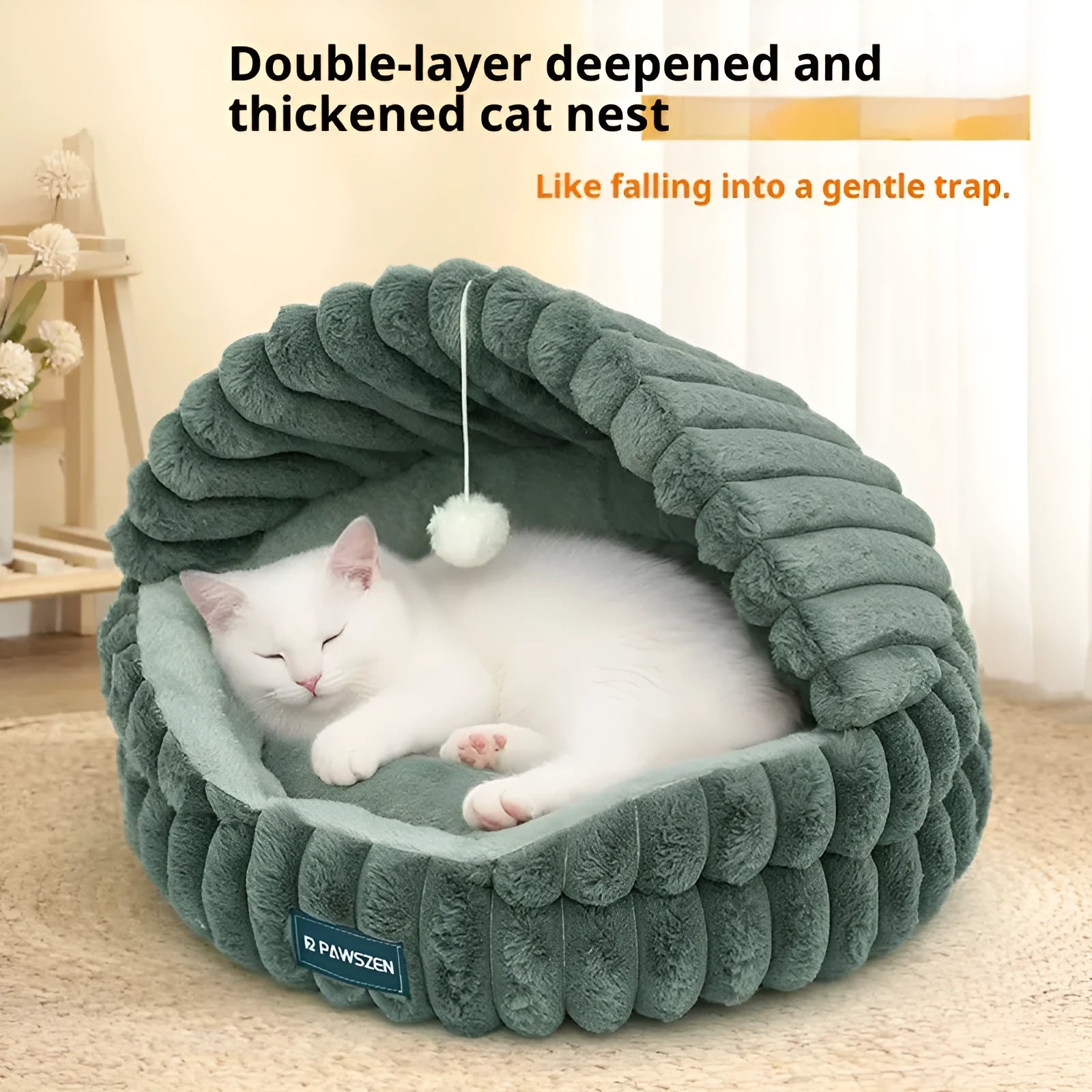 Large warm cat nest pet bed in gray shell design, 50cm diameter cloth material